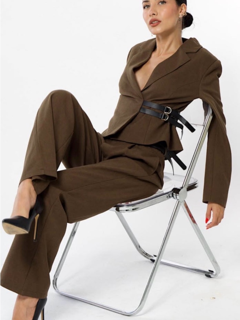 Brown Tailored Wide-Leg Pantsuit with Belt Detail